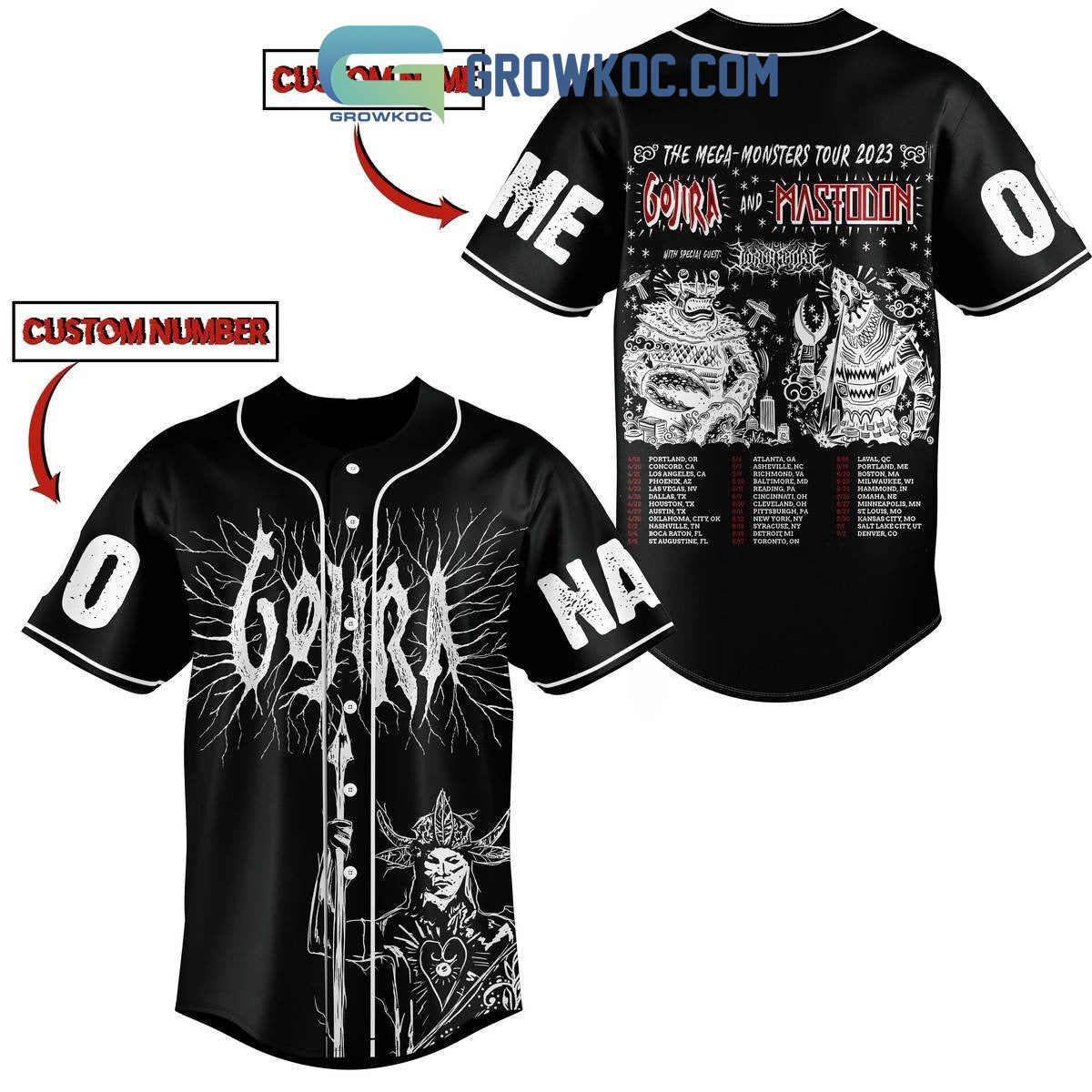 Gojira And Mastodon The Mega Monsters Tour 2023 Personalized Black Design Baseball Jersey baseball jersey product view 2