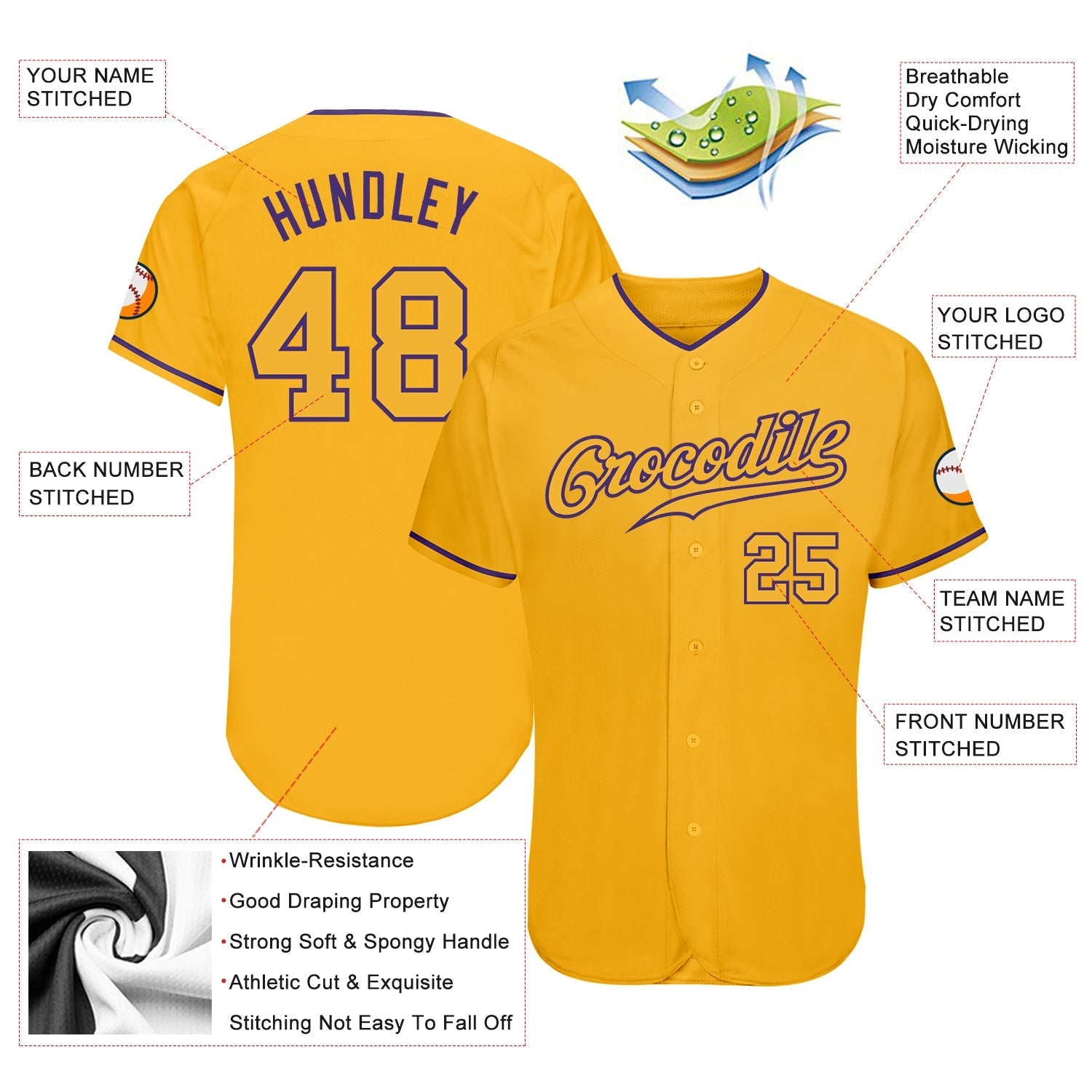 Custom Gold Gold-Purple Authentic Baseball Jersey baseball jersey product view 3