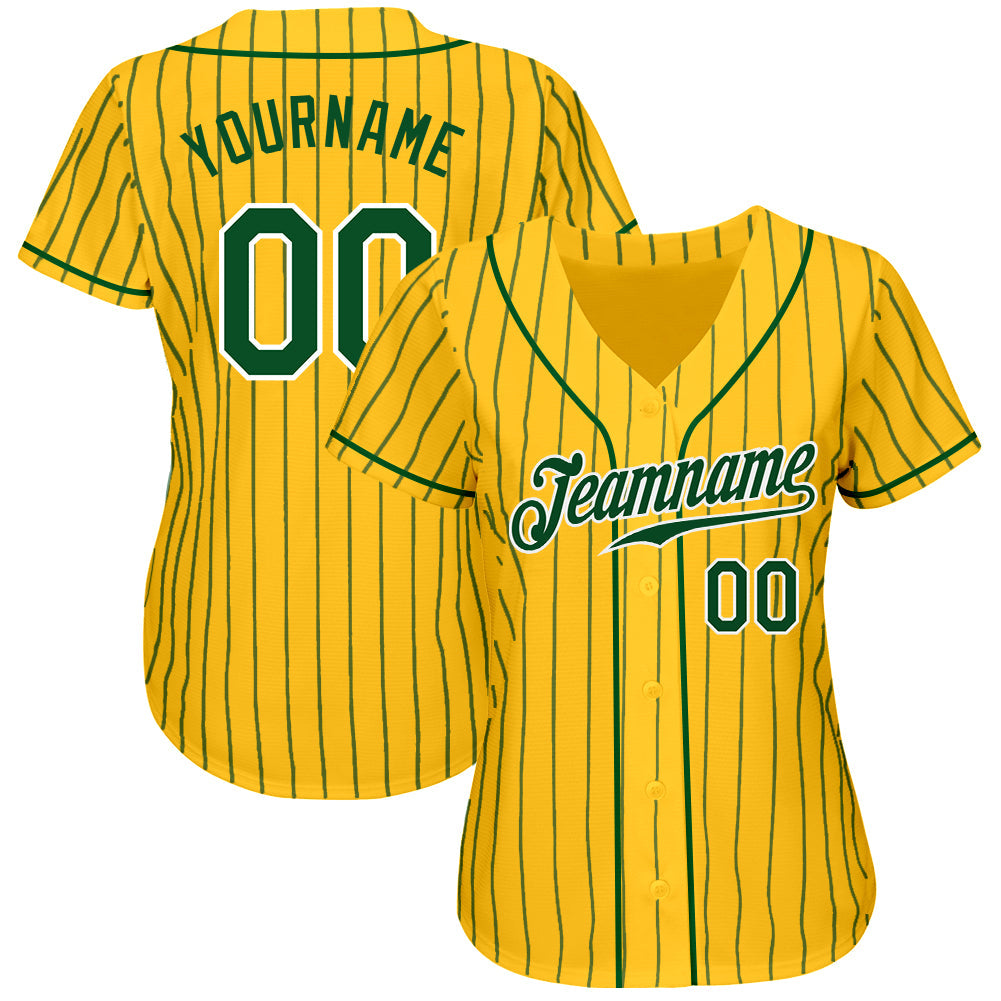 Custom Yellow Green Pinstripe Green-White Authentic Baseball Jersey baseball jersey product view 2