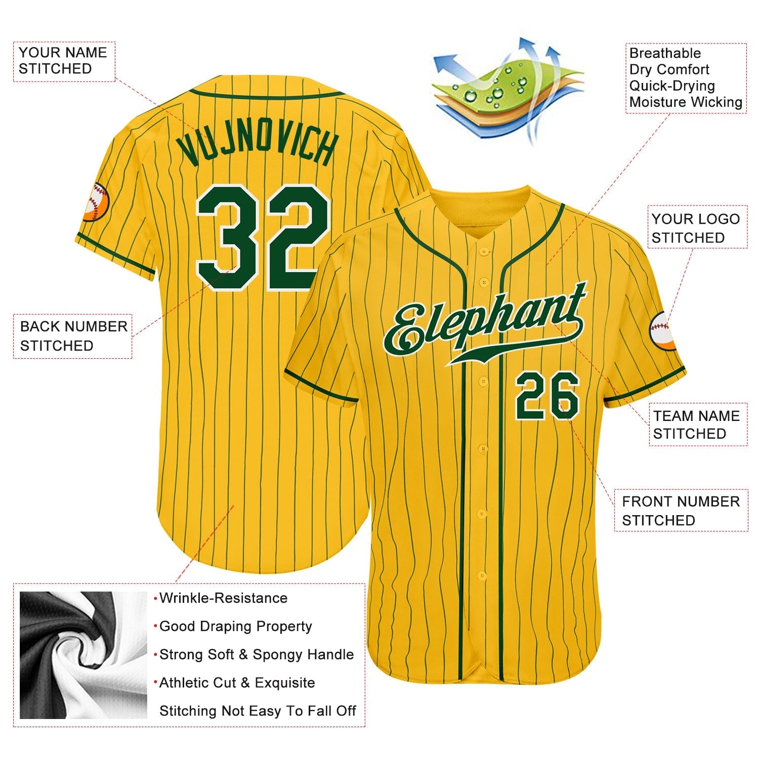Custom Yellow Green Pinstripe Green-White Authentic Baseball Jersey baseball jersey product view 3