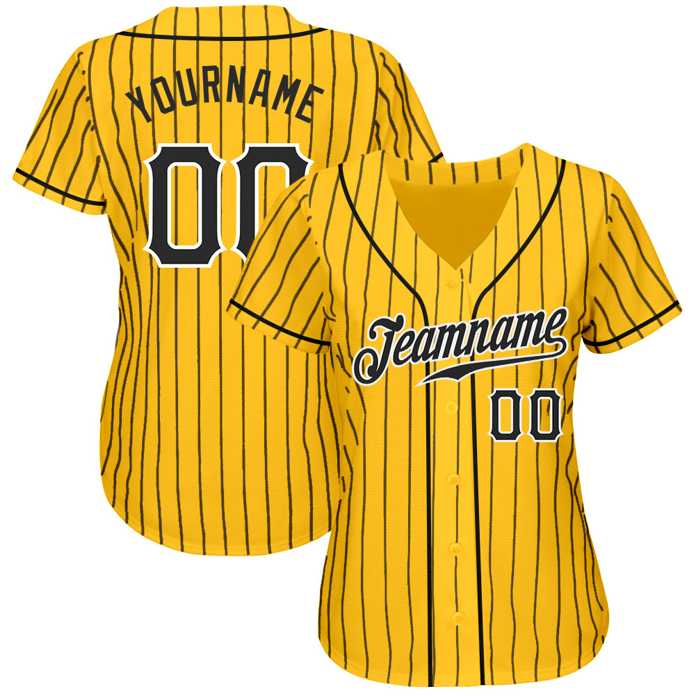 Custom Yellow Black Pinstripe Black-White Authentic Baseball Jersey baseball jersey product view 2