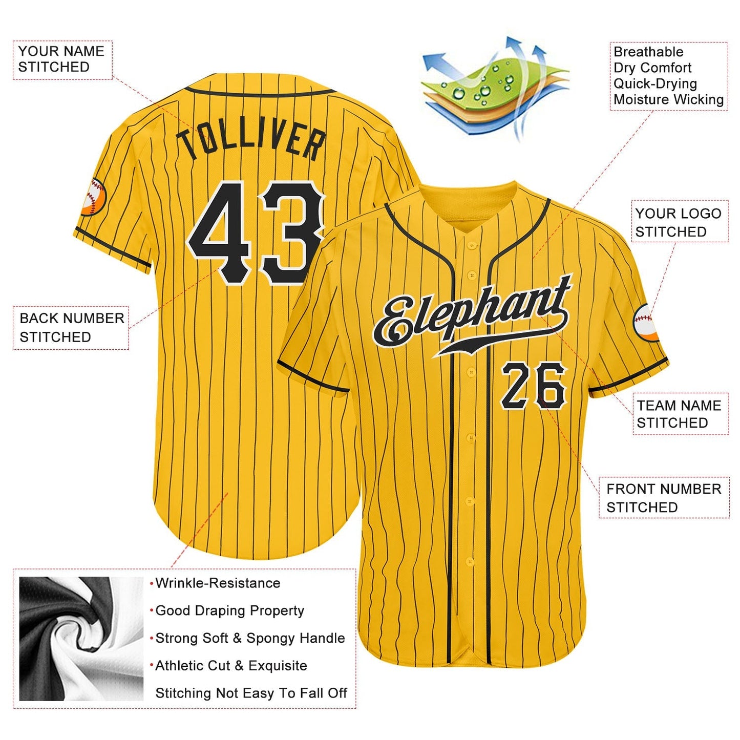 Custom Yellow Black Pinstripe Black-White Authentic Baseball Jersey baseball jersey product view 3