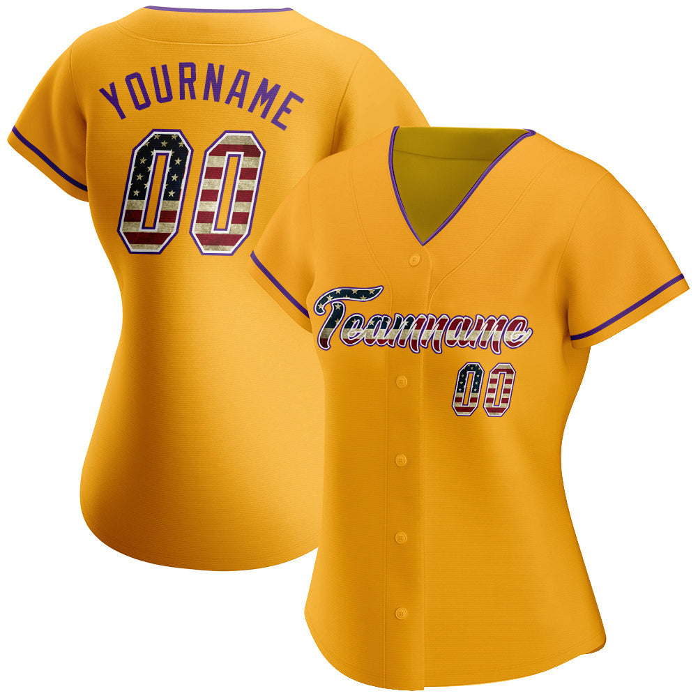 Custom Gold Vintage USA Flag-Purple Authentic Baseball Jersey baseball jersey product view 2