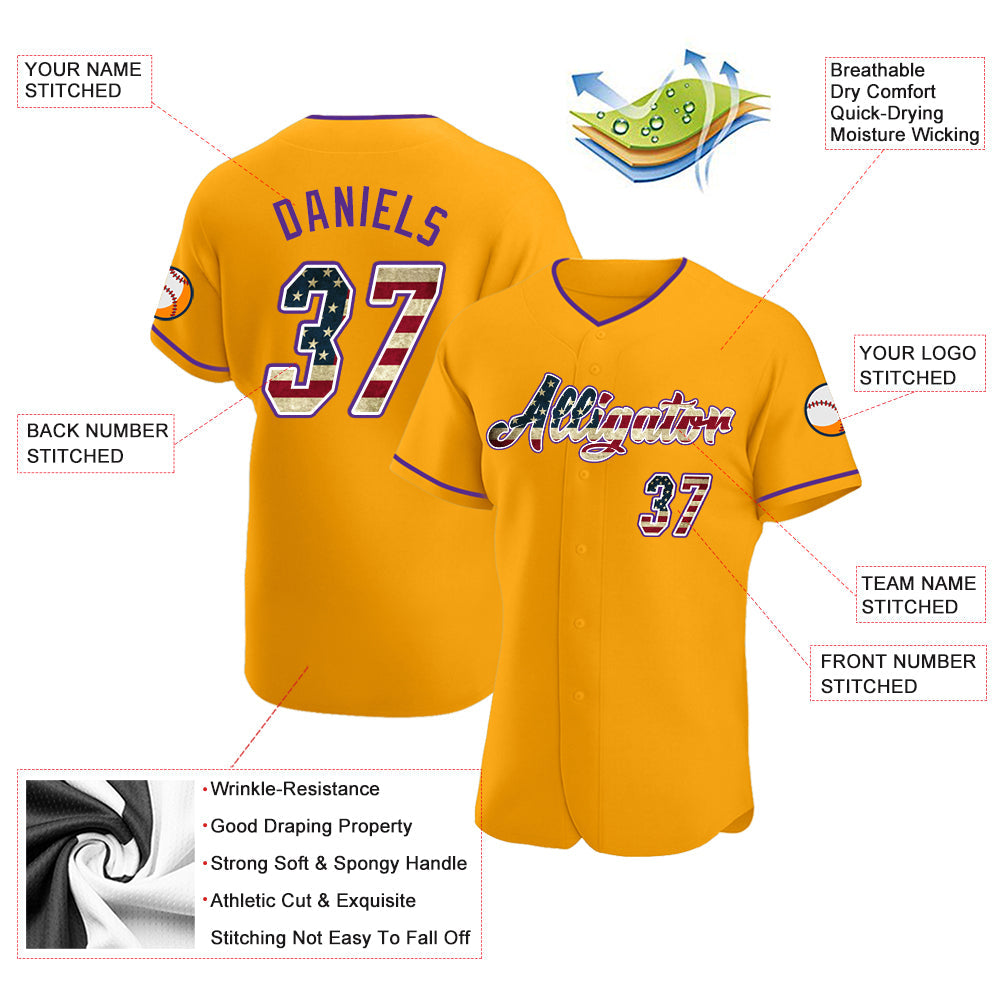 Custom Gold Vintage USA Flag-Purple Authentic Baseball Jersey baseball jersey product view 3