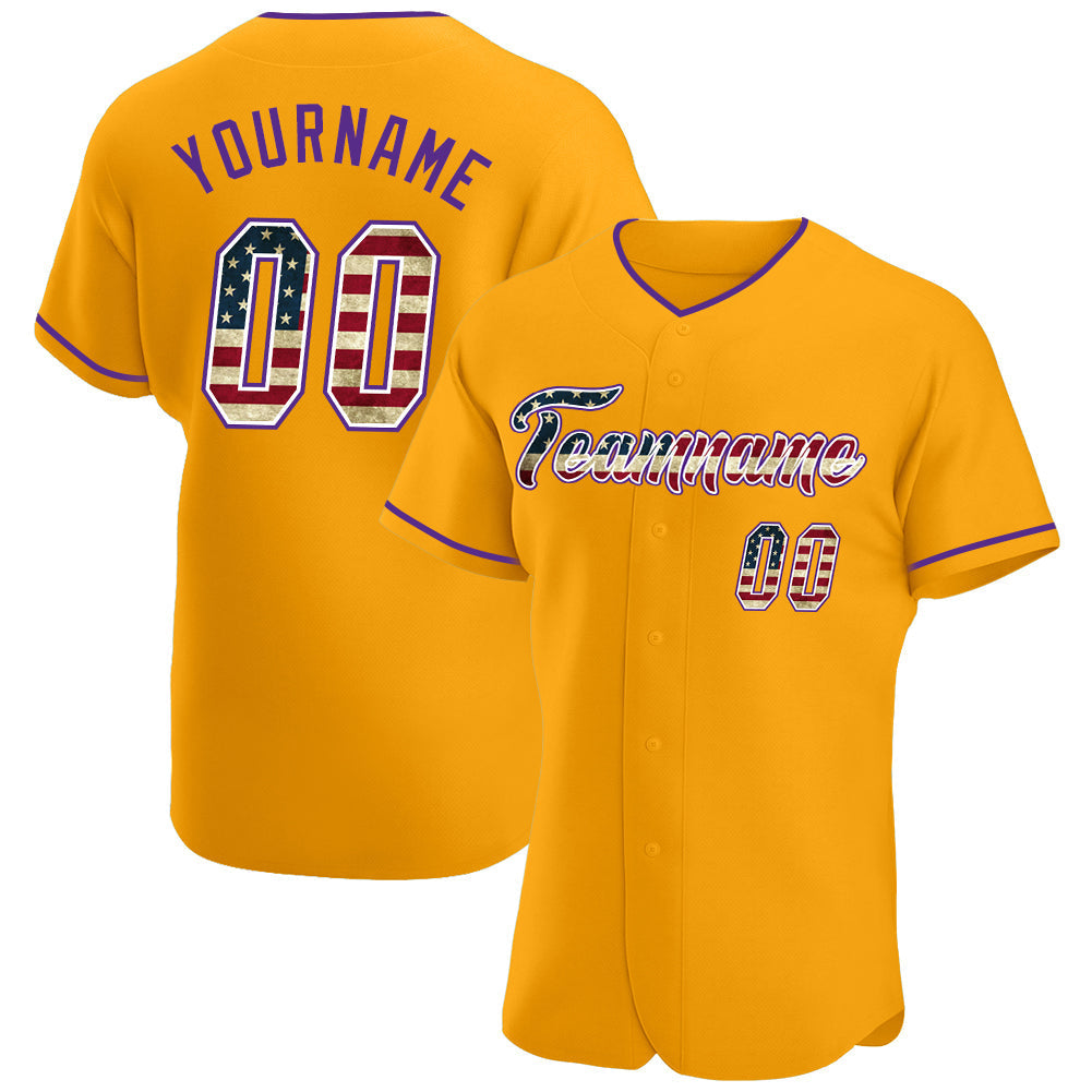 Custom Gold Vintage USA Flag-Purple Authentic Baseball Jersey baseball jersey product view 1