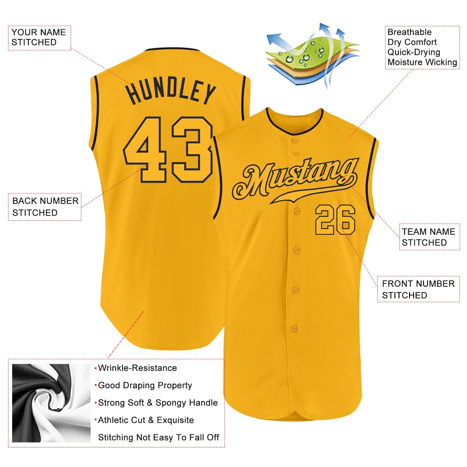 Custom Gold Gold-Black Authentic Sleeveless Baseball Jersey baseball jersey product view 2