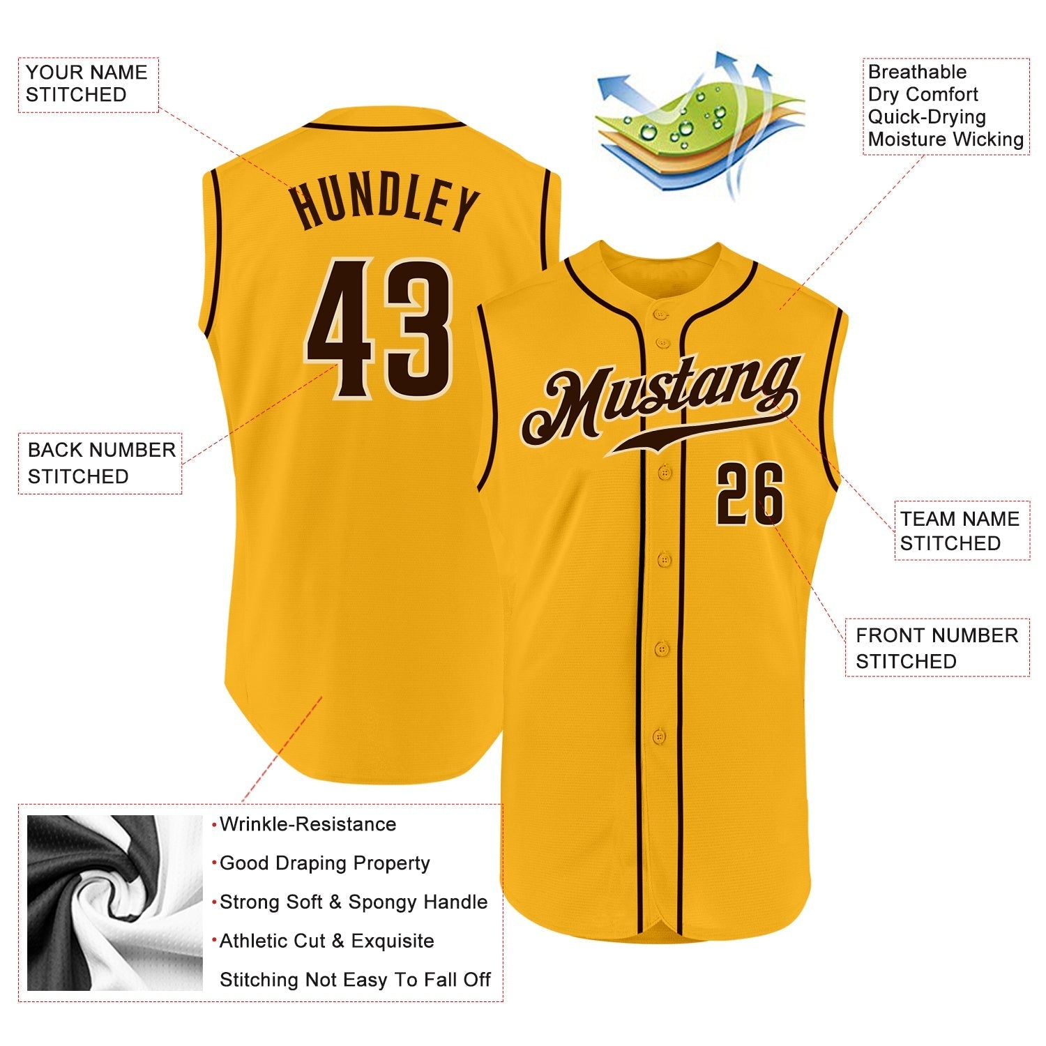 Custom Gold Brown-Cream Authentic Sleeveless Baseball Jersey baseball jersey product view 2