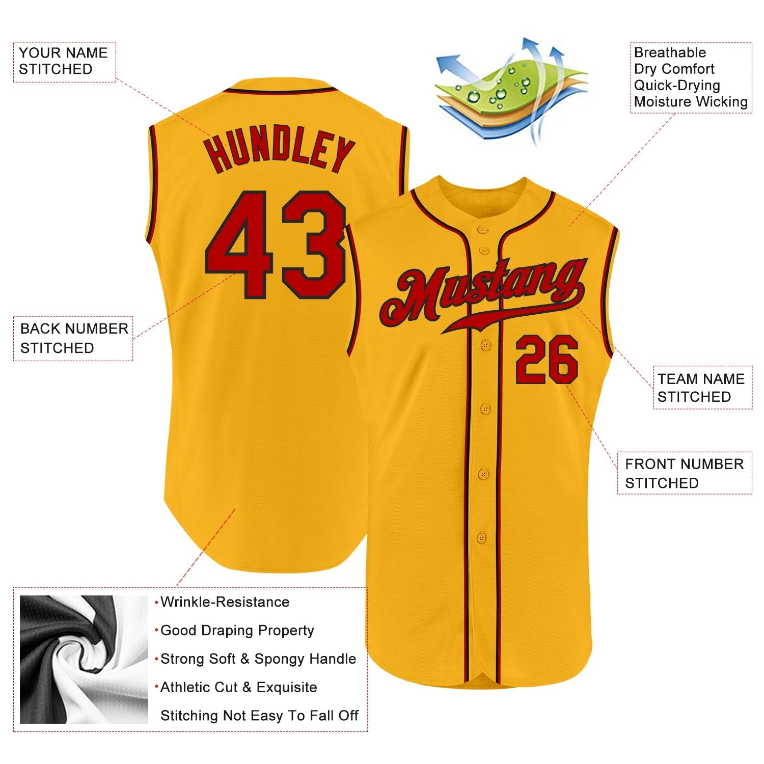 Custom Gold Red-Black Authentic Sleeveless Baseball Jersey baseball jersey product view 2