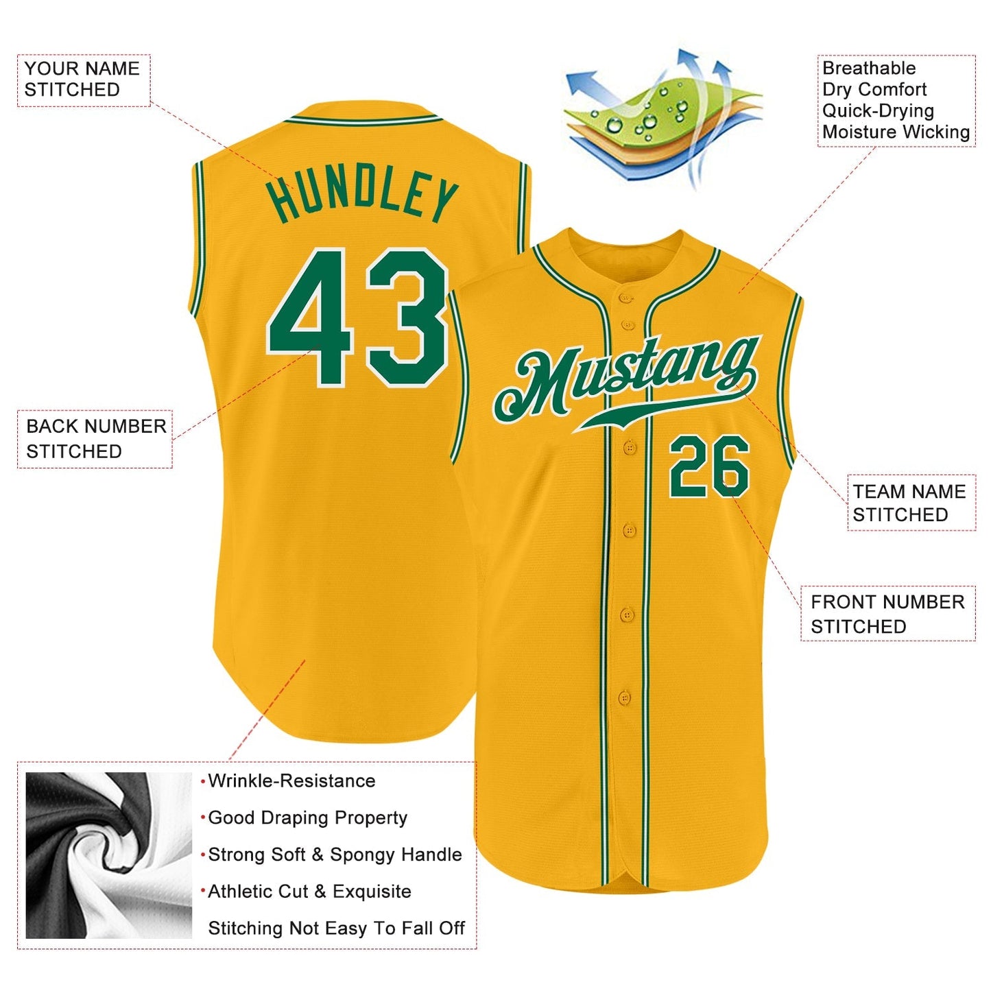 Custom Gold Kelly Green-White Authentic Sleeveless Baseball Jersey baseball jersey product view 2