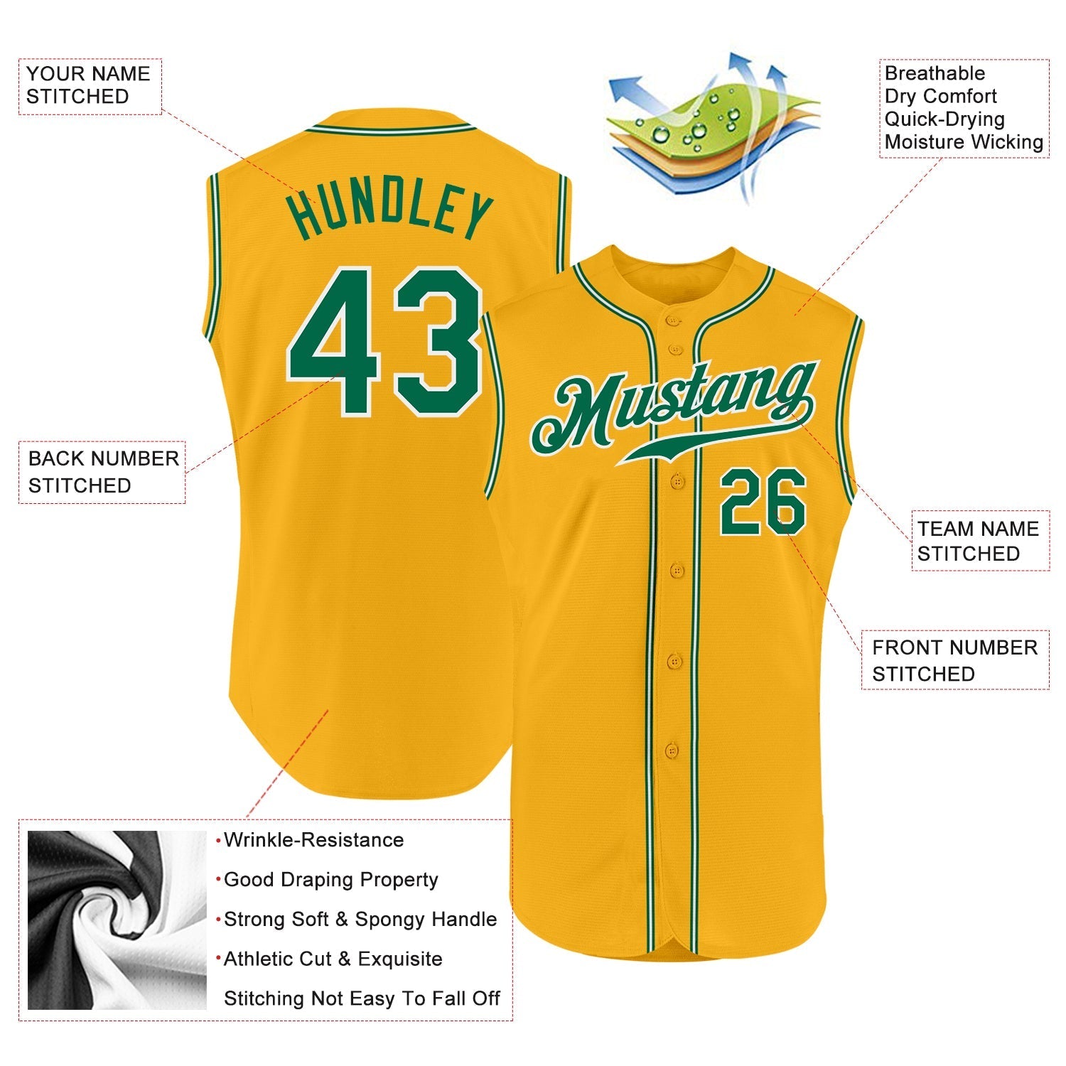 Custom Gold Kelly Green-White Authentic Sleeveless Baseball Jersey baseball jersey product view 2