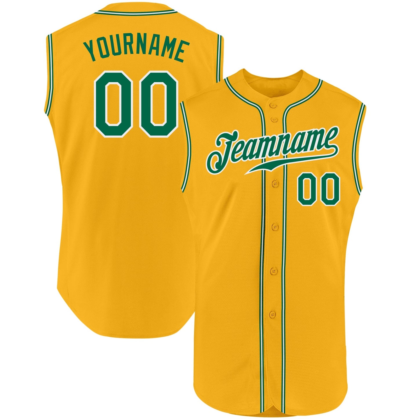Custom Gold Kelly Green-White Authentic Sleeveless Baseball Jersey baseball jersey product view 1
