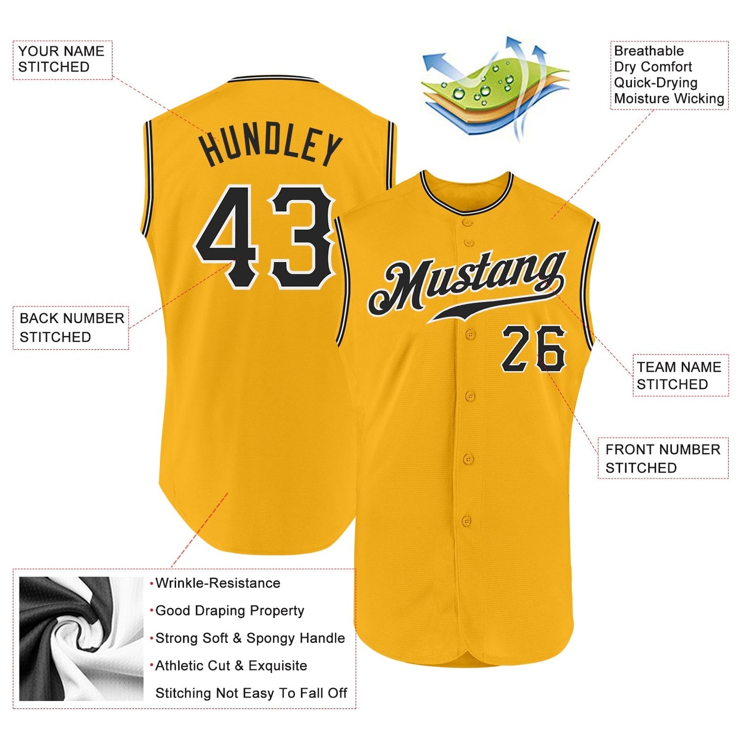 Custom Gold Black-White Authentic Sleeveless Baseball Jersey baseball jersey product view 2
