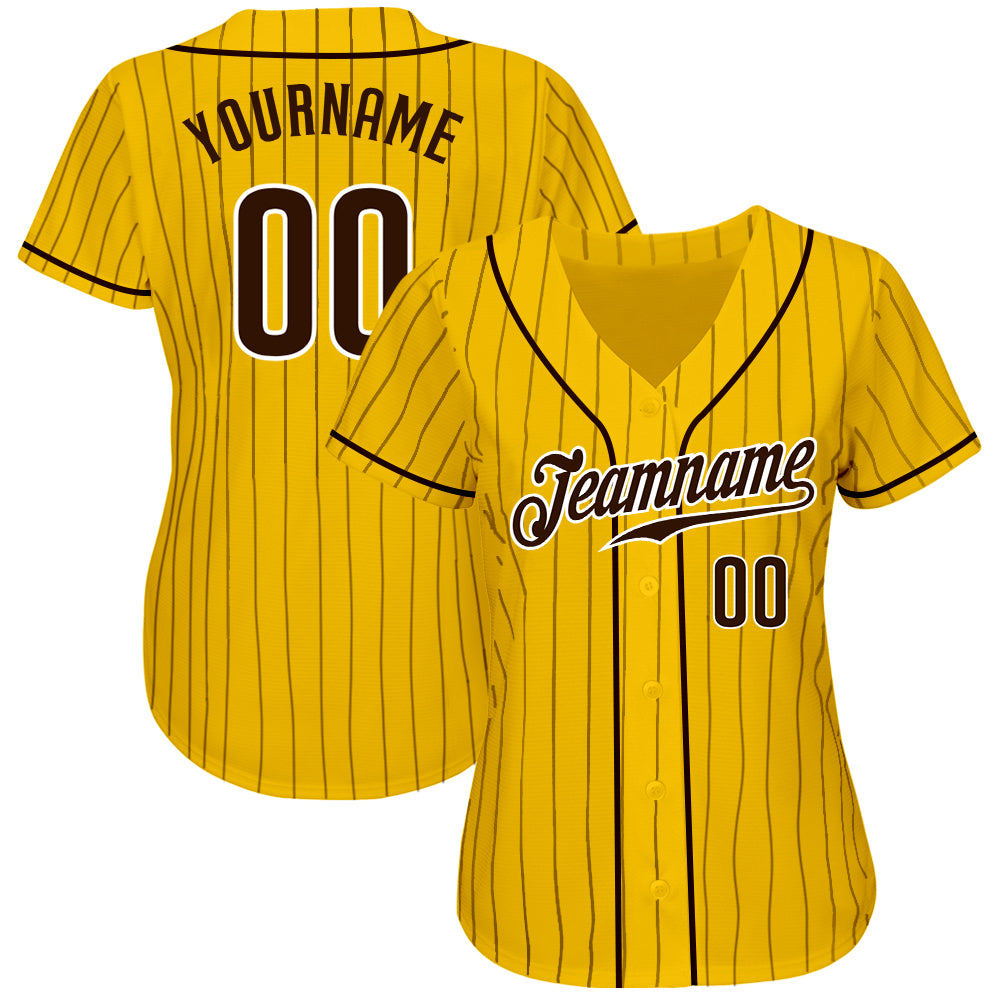 Custom Yellow Brown Pinstripe Brown-White Authentic Baseball Jersey baseball jersey product view 2