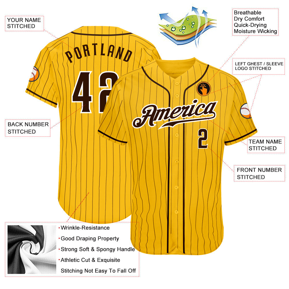 Custom Yellow Brown Pinstripe Brown-White Authentic Baseball Jersey baseball jersey product view 3