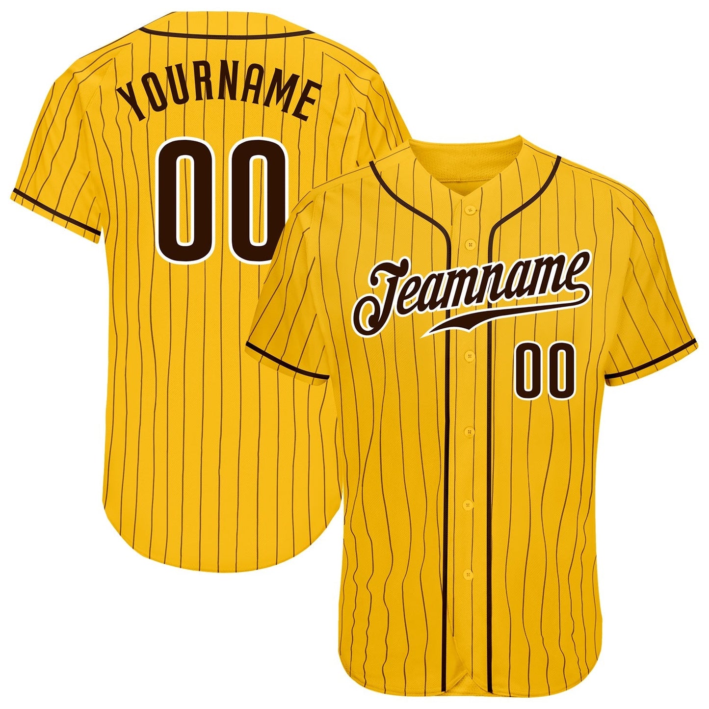 Custom Yellow Brown Pinstripe Brown-White Authentic Baseball Jersey baseball jersey product view 1