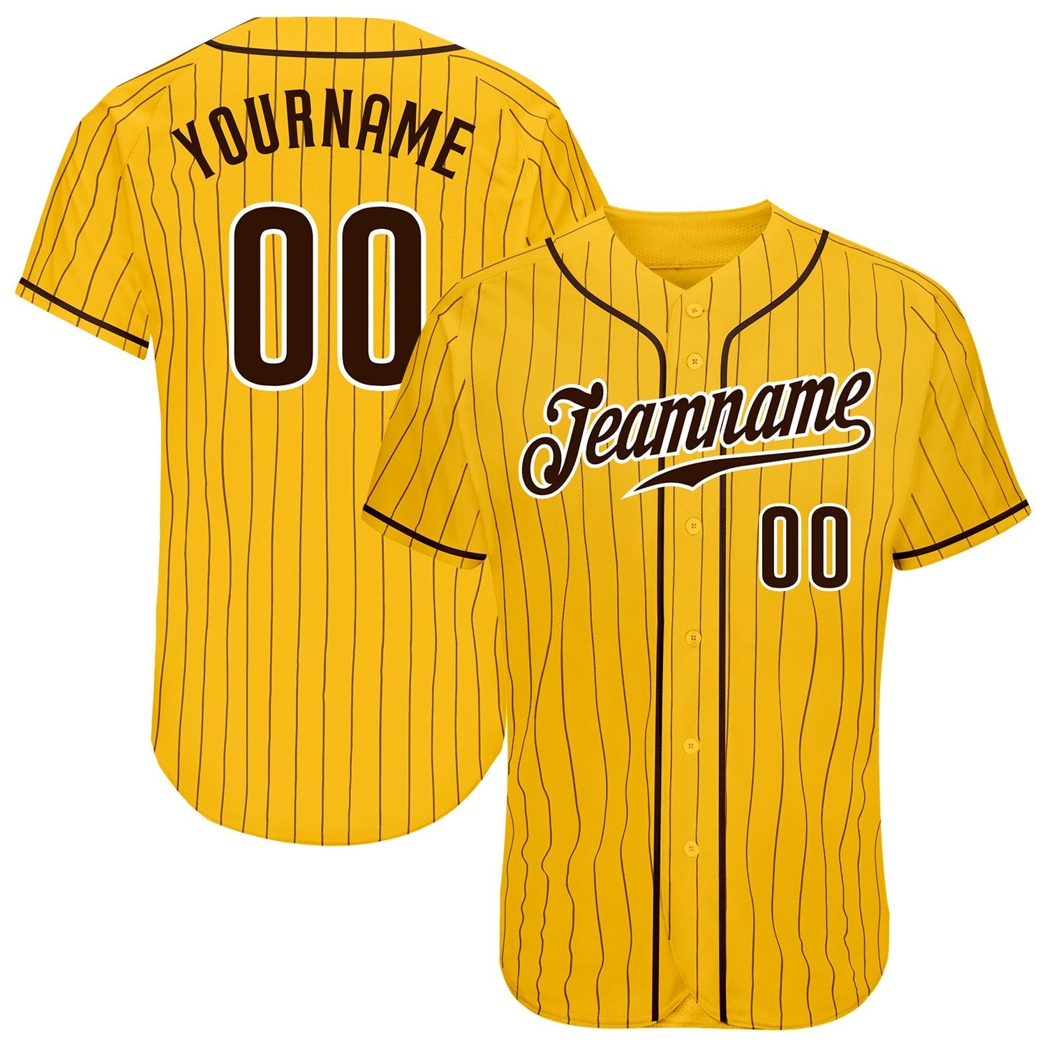 Custom Yellow Brown Pinstripe Brown-White Authentic Baseball Jersey baseball jersey product view 1