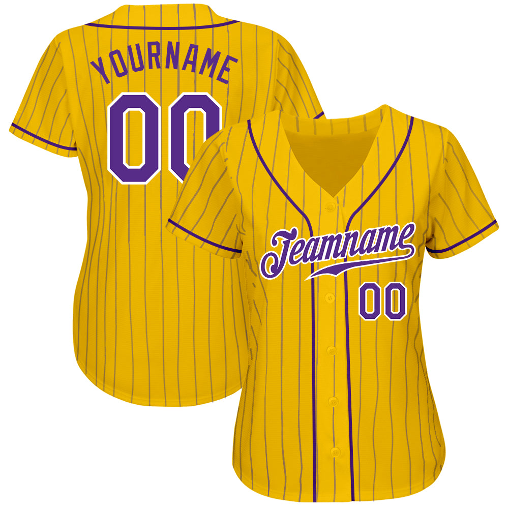 Custom Yellow Purple Pinstripe Purple-White Authentic Baseball Jersey baseball jersey product view 2