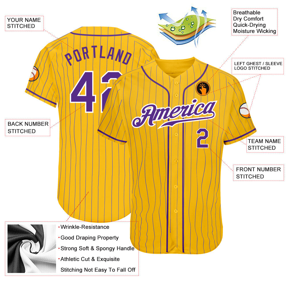 Custom Yellow Purple Pinstripe Purple-White Authentic Baseball Jersey baseball jersey product view 3