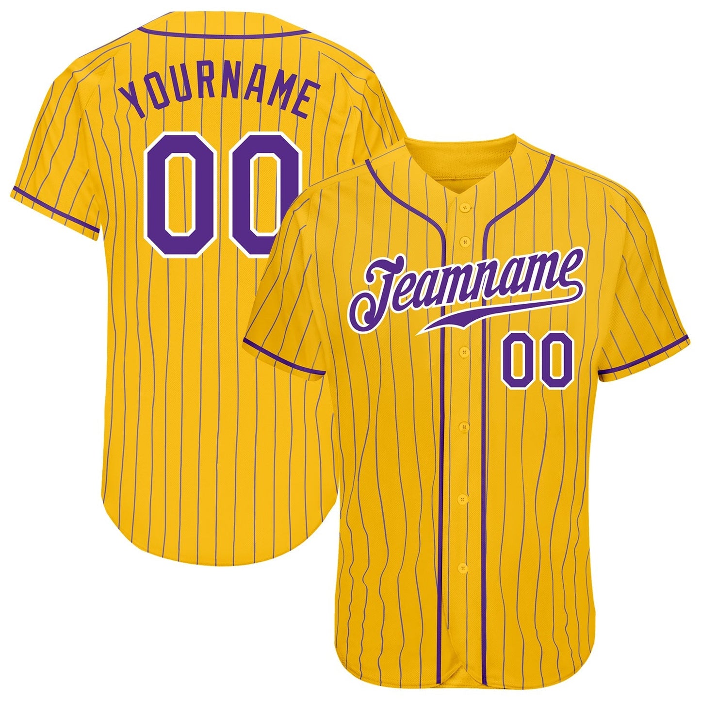 Custom Yellow Purple Pinstripe Purple-White Authentic Baseball Jersey baseball jersey product view 1