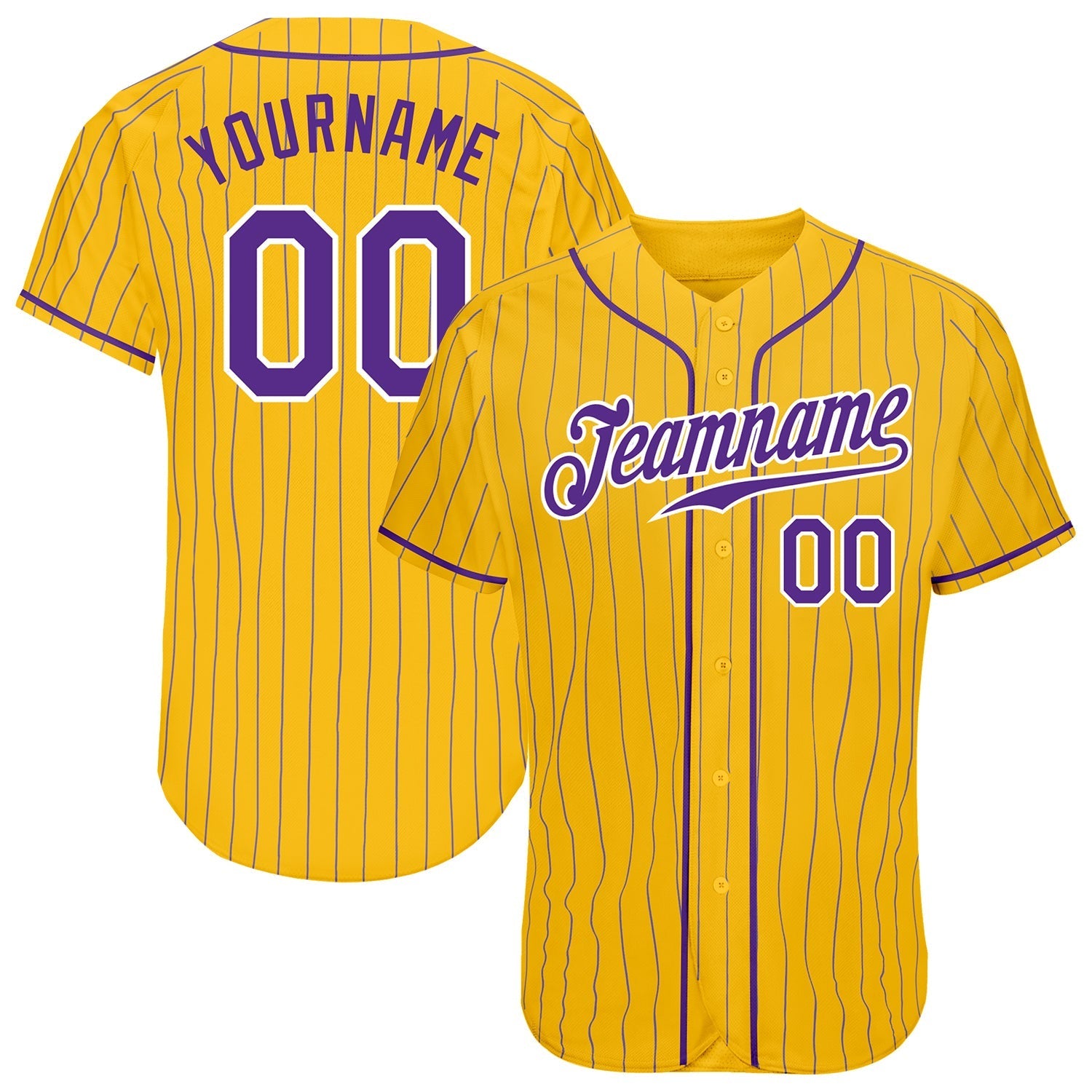 Custom Yellow Purple Pinstripe Purple-White Authentic Baseball Jersey baseball jersey product view 1