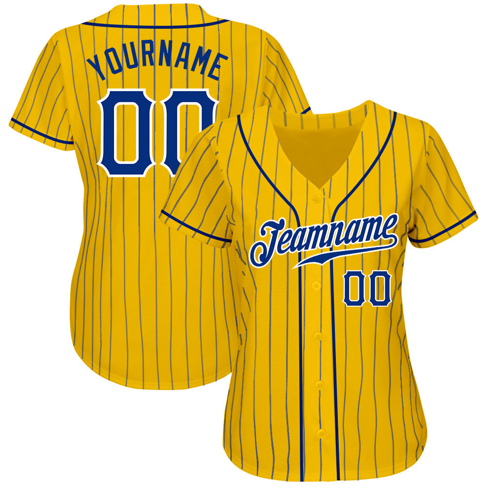Custom Yellow Royal Pinstripe Royal-White Authentic Baseball Jersey baseball jersey product view 2