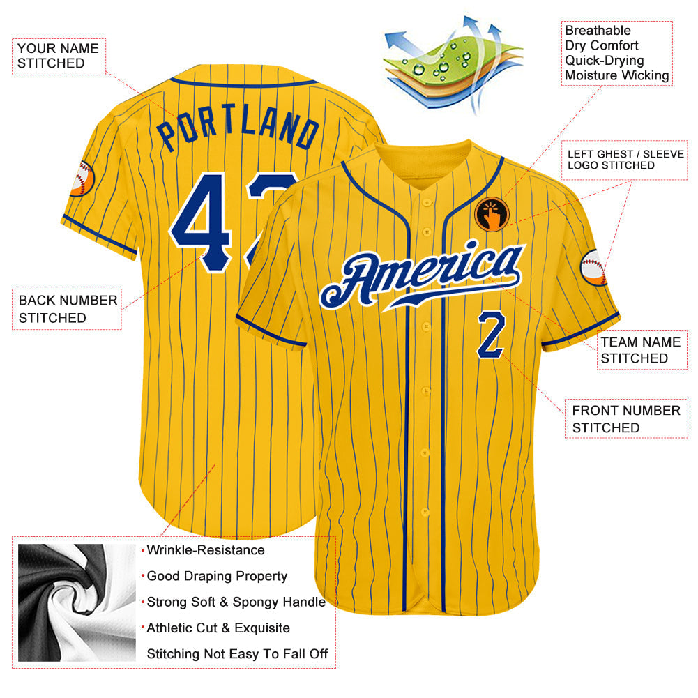 Custom Yellow Royal Pinstripe Royal-White Authentic Baseball Jersey baseball jersey product view 3