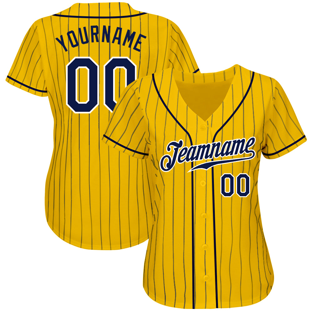 Custom Yellow Navy Pinstripe Navy-White Authentic Baseball Jersey baseball jersey product view 2