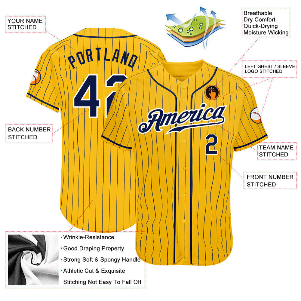 Custom Yellow Navy Pinstripe Navy-White Authentic Baseball Jersey baseball jersey product view 3