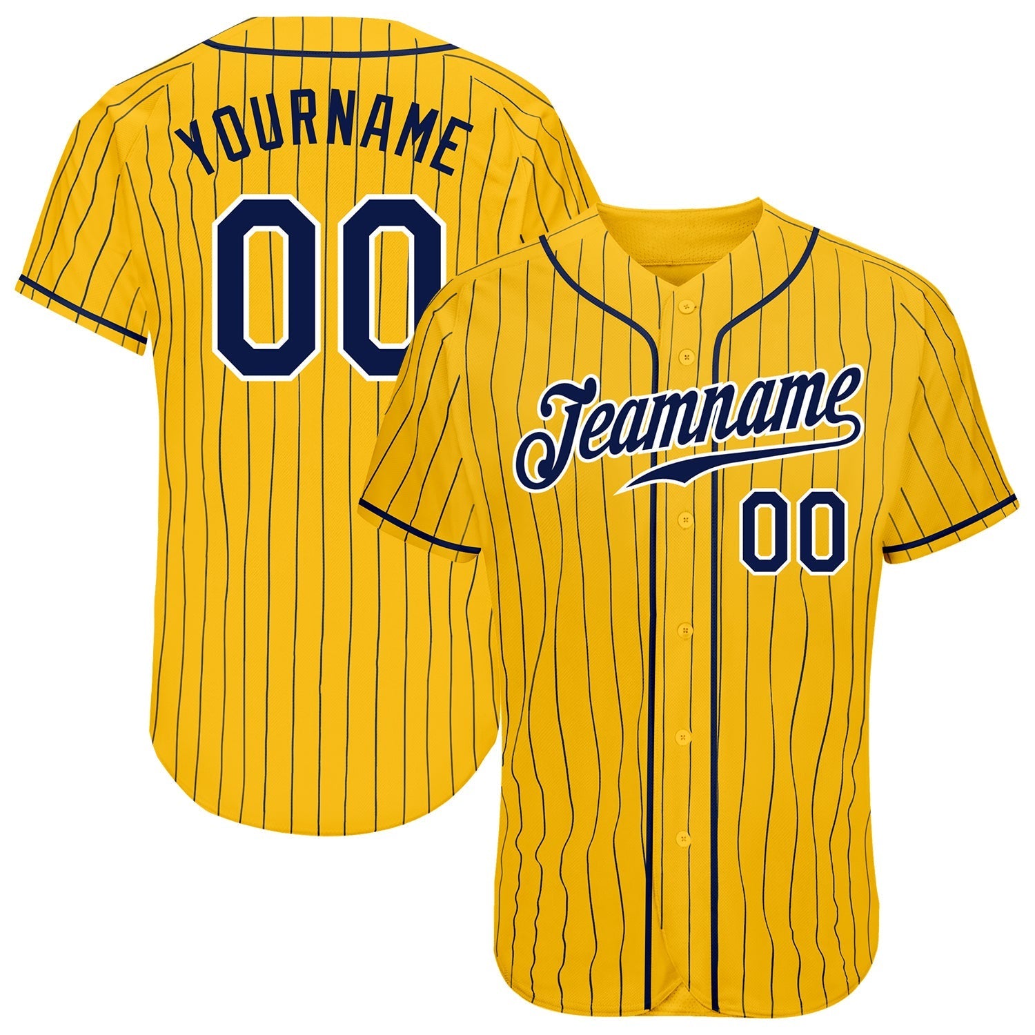 Custom Yellow Navy Pinstripe Navy-White Authentic Baseball Jersey baseball jersey product view 1