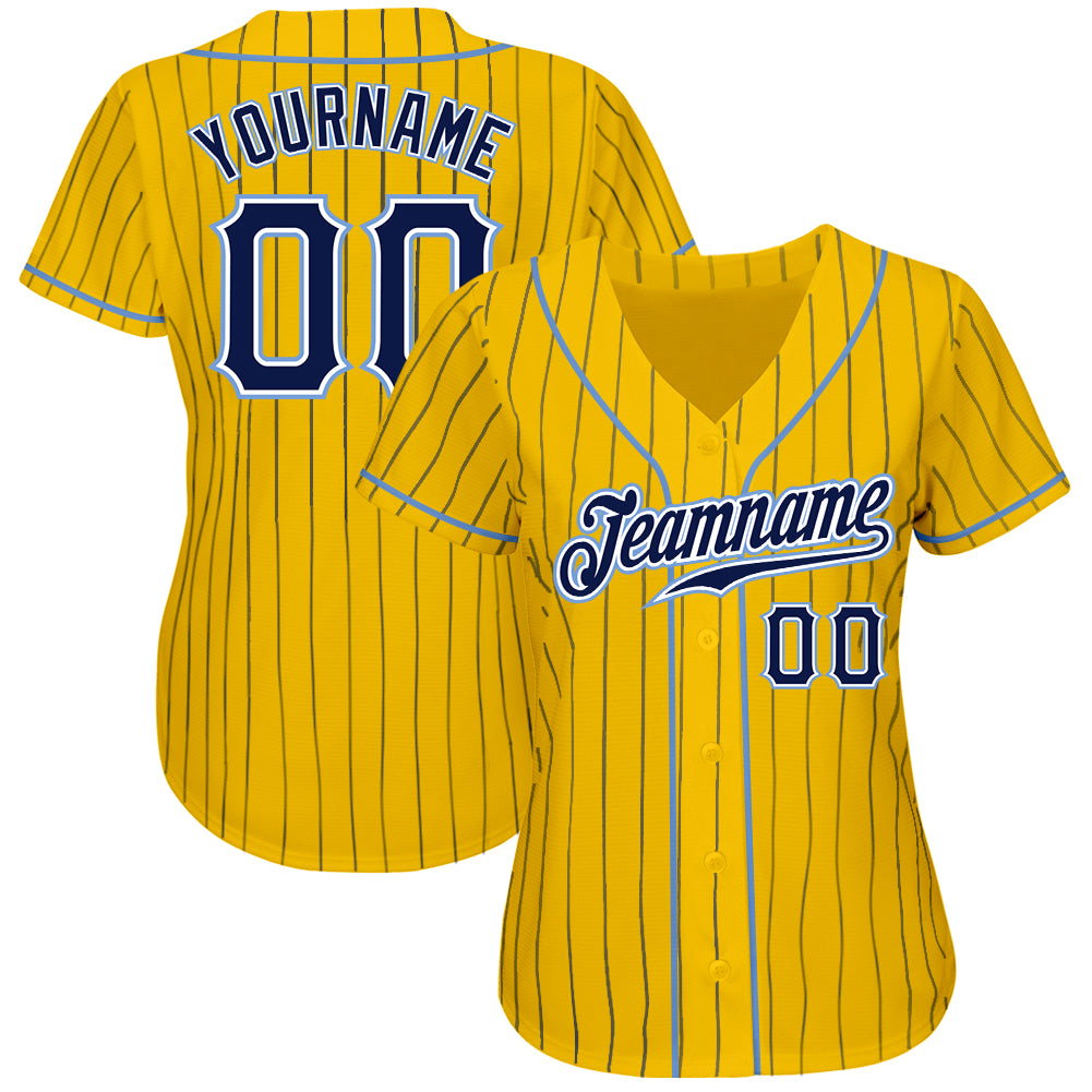 Custom Yellow Navy Pinstripe Navy-Light Blue Authentic Baseball Jersey baseball jersey product view 2