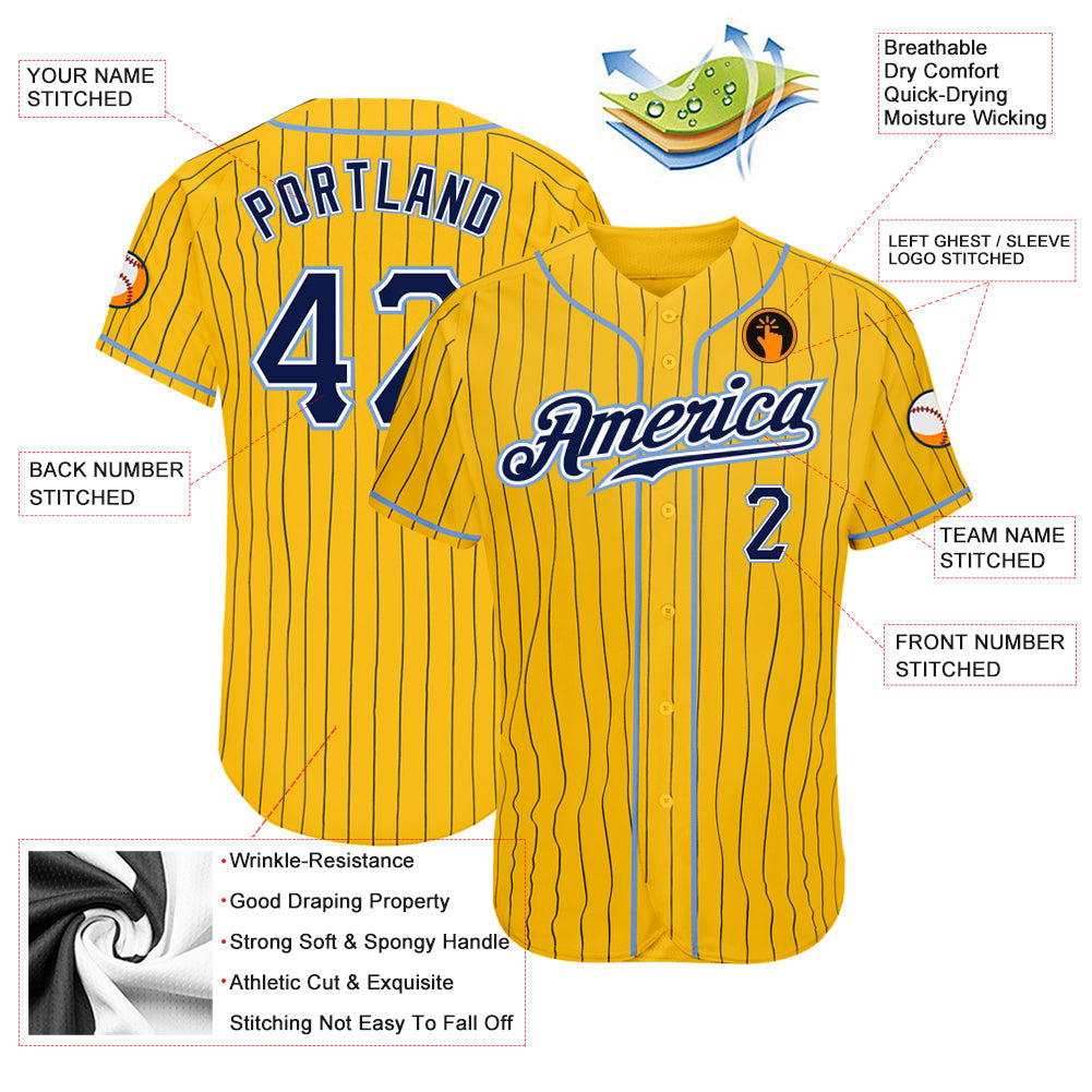 Custom Yellow Navy Pinstripe Navy-Light Blue Authentic Baseball Jersey baseball jersey product view 3