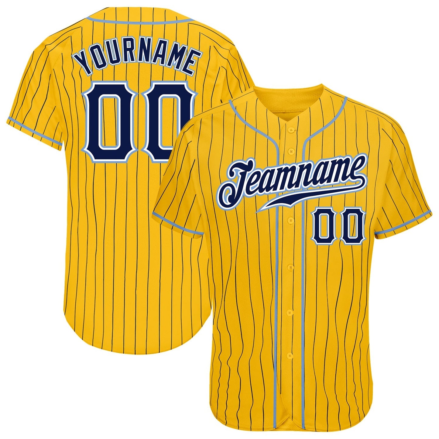Custom Yellow Navy Pinstripe Navy-Light Blue Authentic Baseball Jersey baseball jersey product view 1