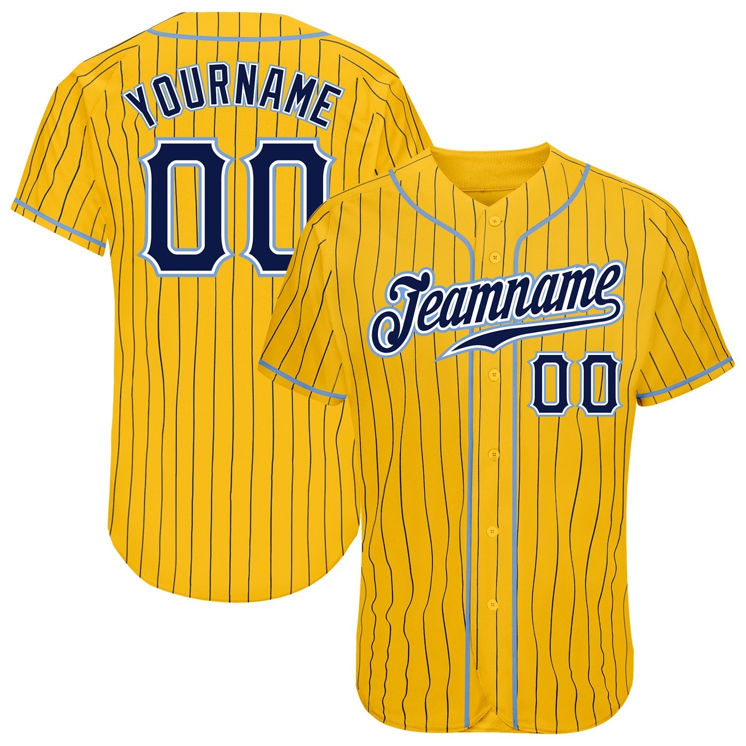 Custom Yellow Navy Pinstripe Navy-Light Blue Authentic Baseball Jersey baseball jersey product view 1