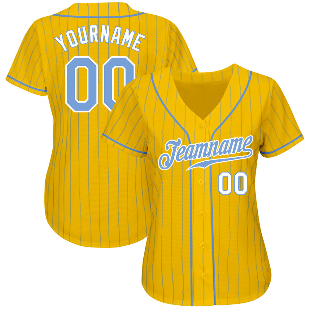 Custom Yellow Light Blue Pinstripe Light Blue-White Authentic Baseball Jersey baseball jersey product view 2