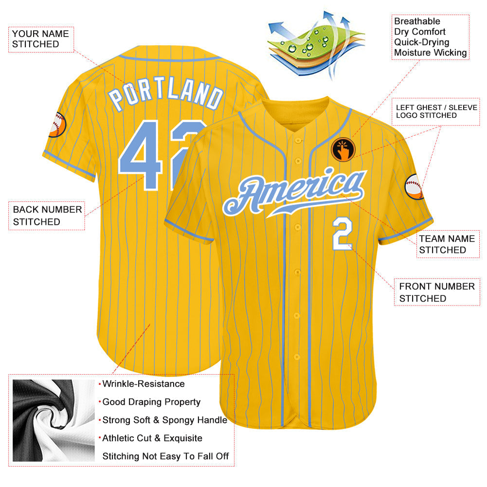 Custom Yellow Light Blue Pinstripe Light Blue-White Authentic Baseball Jersey baseball jersey product view 3