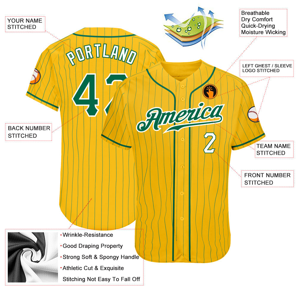 Custom Yellow Kelly Green Pinstripe Kelly Green-White Authentic Baseball Jersey baseball jersey product view 3