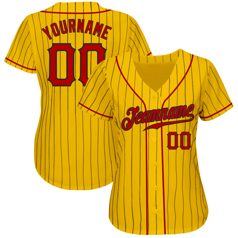 Custom Yellow Black Pinstripe Red-Black Authentic Baseball Jersey baseball jersey product view 2