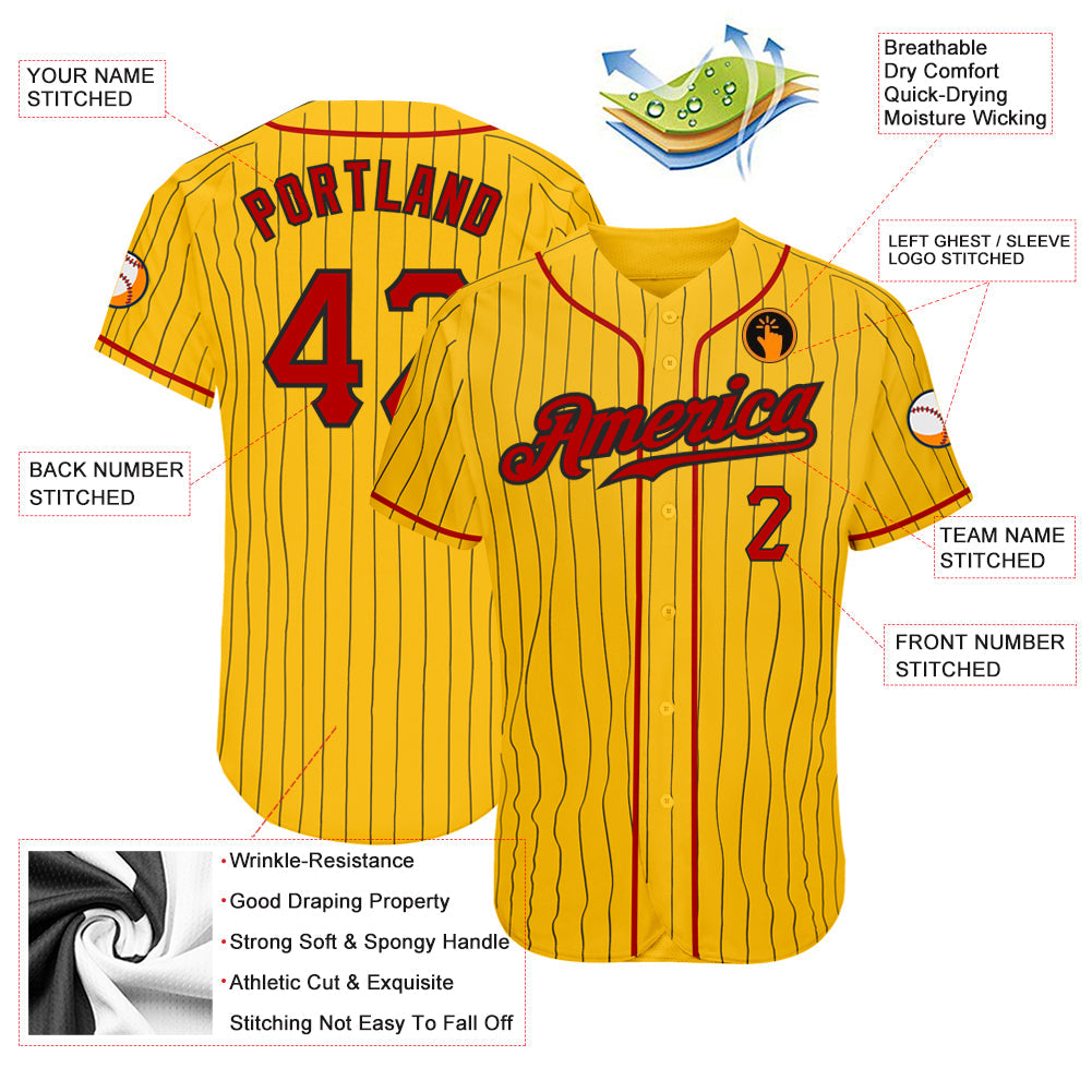Custom Yellow Black Pinstripe Red-Black Authentic Baseball Jersey baseball jersey product view 3