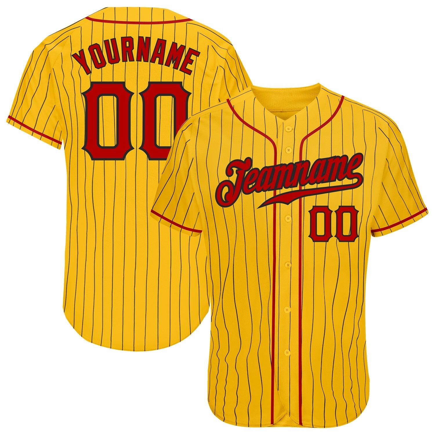 Custom Yellow Black Pinstripe Red-Black Authentic Baseball Jersey baseball jersey product view 1