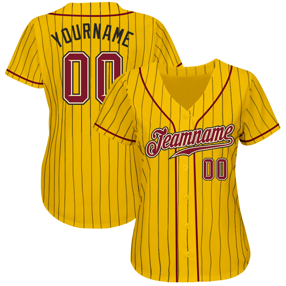 Custom Yellow Black Pinstripe Crimson-Cream Authentic Baseball Jersey baseball jersey product view 2