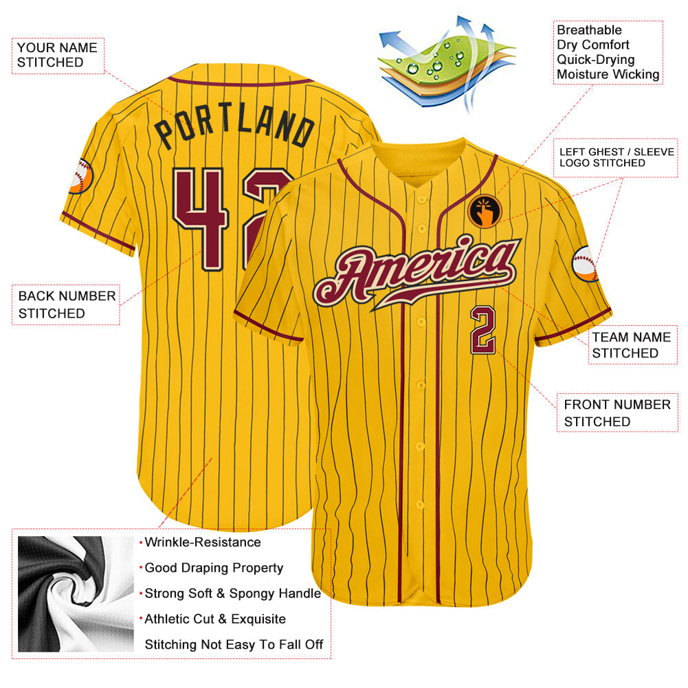 Custom Yellow Black Pinstripe Crimson-Cream Authentic Baseball Jersey baseball jersey product view 3