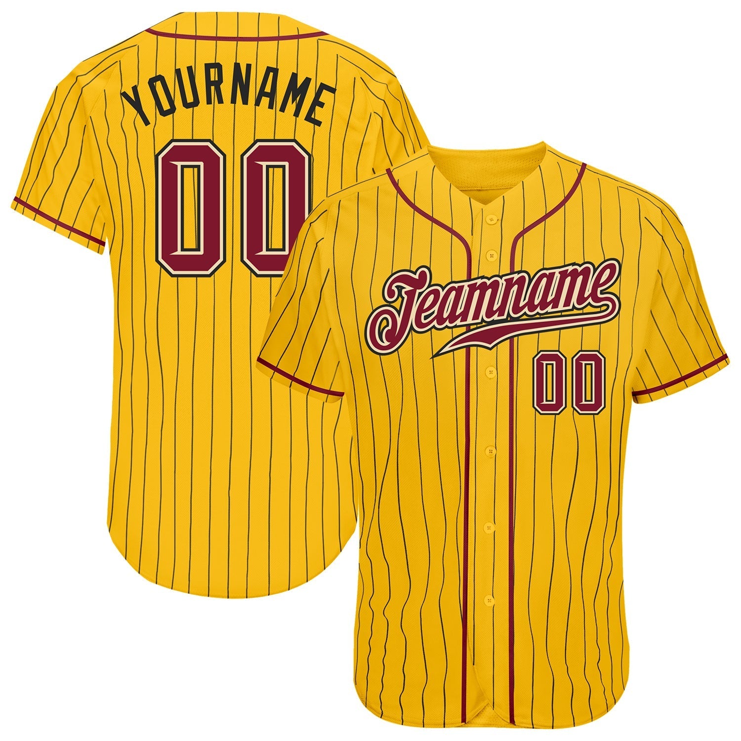 Custom Yellow Black Pinstripe Crimson-Cream Authentic Baseball Jersey baseball jersey product view 1