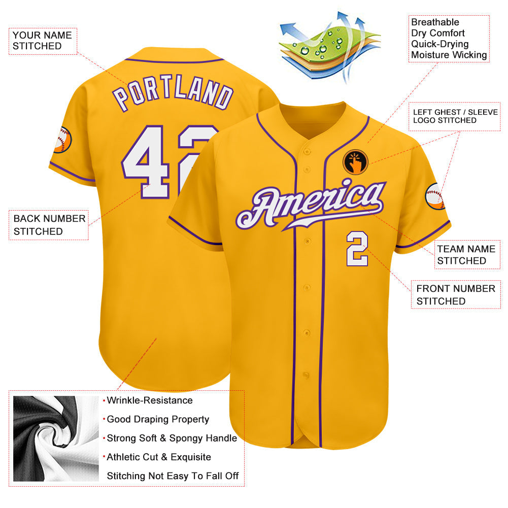 Custom Gold White-Purple Authentic Baseball Jersey baseball jersey product view 3