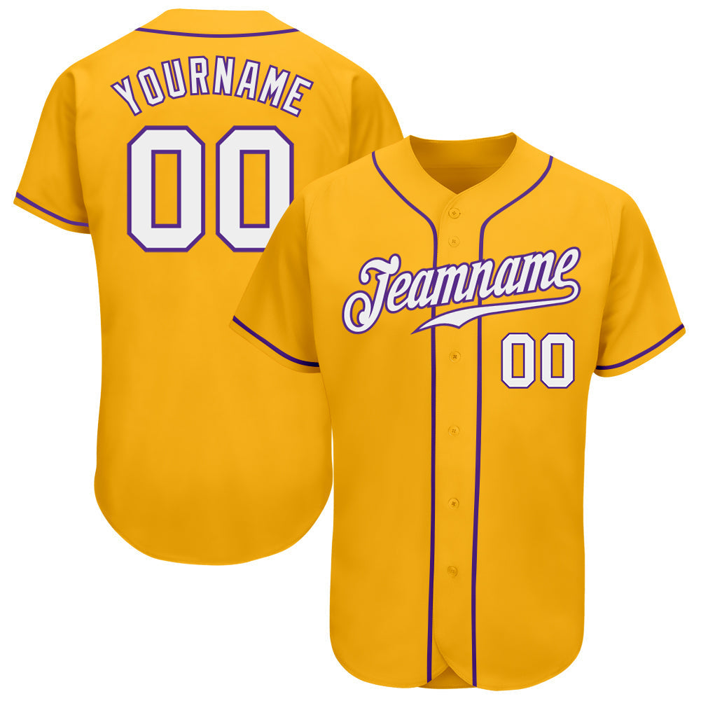 Custom Gold White-Purple Authentic Baseball Jersey baseball jersey product view 1