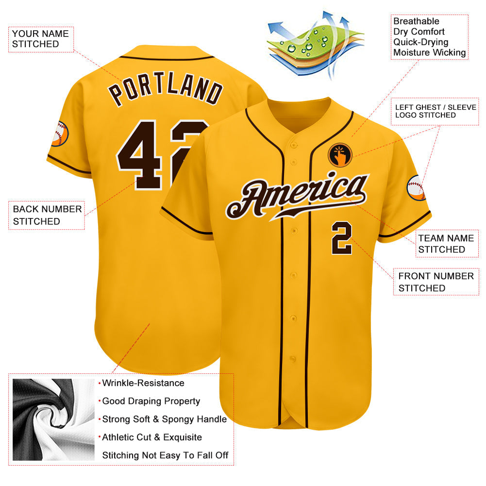 Custom Gold Brown-White Authentic Baseball Jersey baseball jersey product view 3