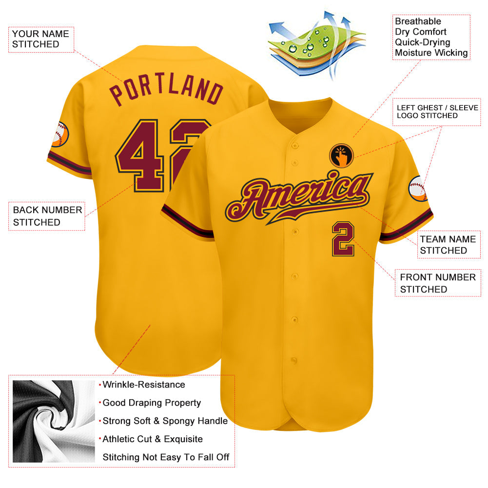 Custom Gold Crimson-Black Authentic Baseball Jersey baseball jersey product view 3