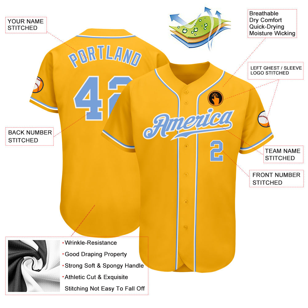 Custom Gold Light Blue-White Authentic Baseball Jersey baseball jersey product view 3