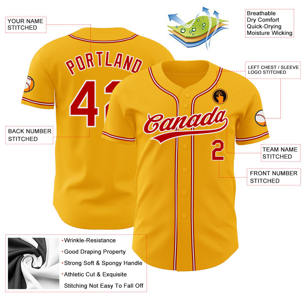 Custom Gold Red-White Authentic Baseball Jersey baseball jersey product view 3