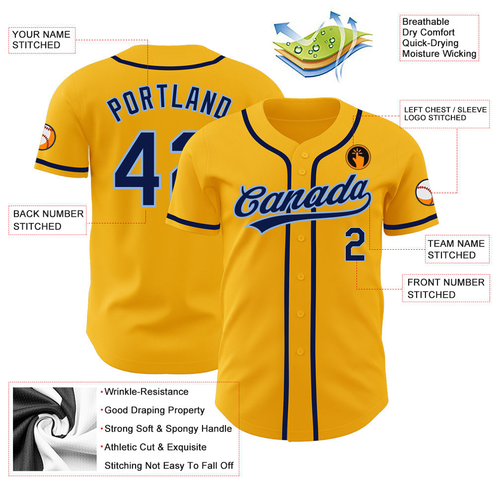 Custom Gold Navy-Light Blue Authentic Baseball Jersey baseball jersey product view 3