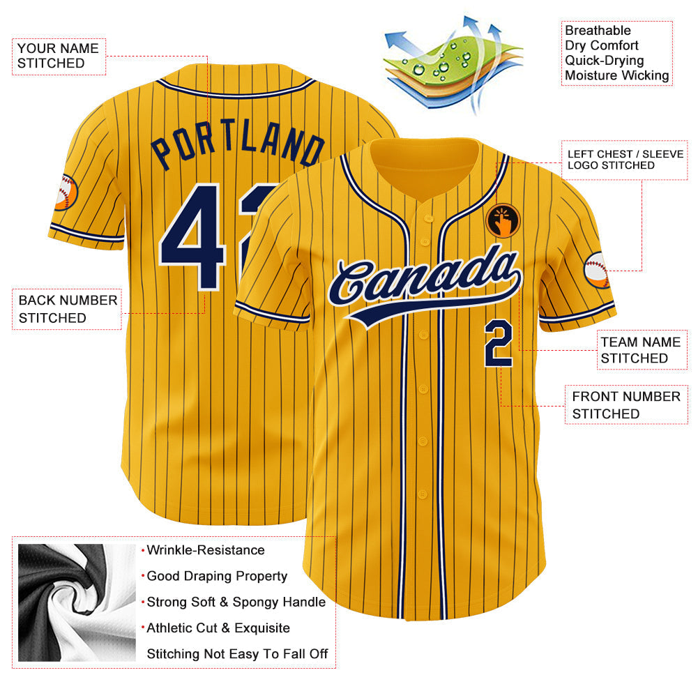 Custom Gold Navy Pinstripe Navy-White Authentic Baseball Jersey baseball jersey product view 3